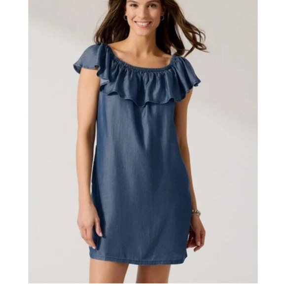Tommy Bahama Womens Coastal Tencel Chambray Off Shoulder Mini Dress L Blue A31 - Picture 1 of 7